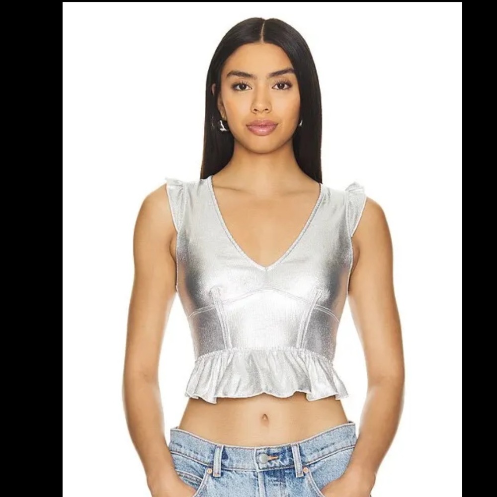 REVOLVE x FREE PEOPLE Xia Metallic Ruffle Tank Top in Silver Size Small NWOT